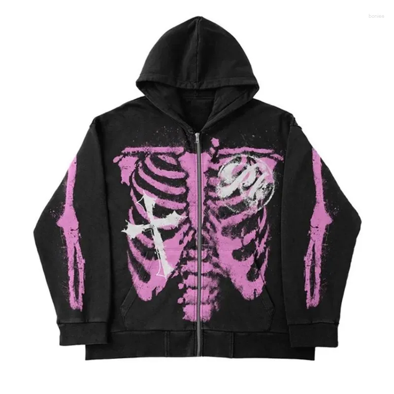 Erkek Hoodies 2024 Sonbahar Moda Zip Hoodie Kafatası Baskı Vintage Estetik Üstü Büyük Boyut Gotik Sokak Y2K Giyim