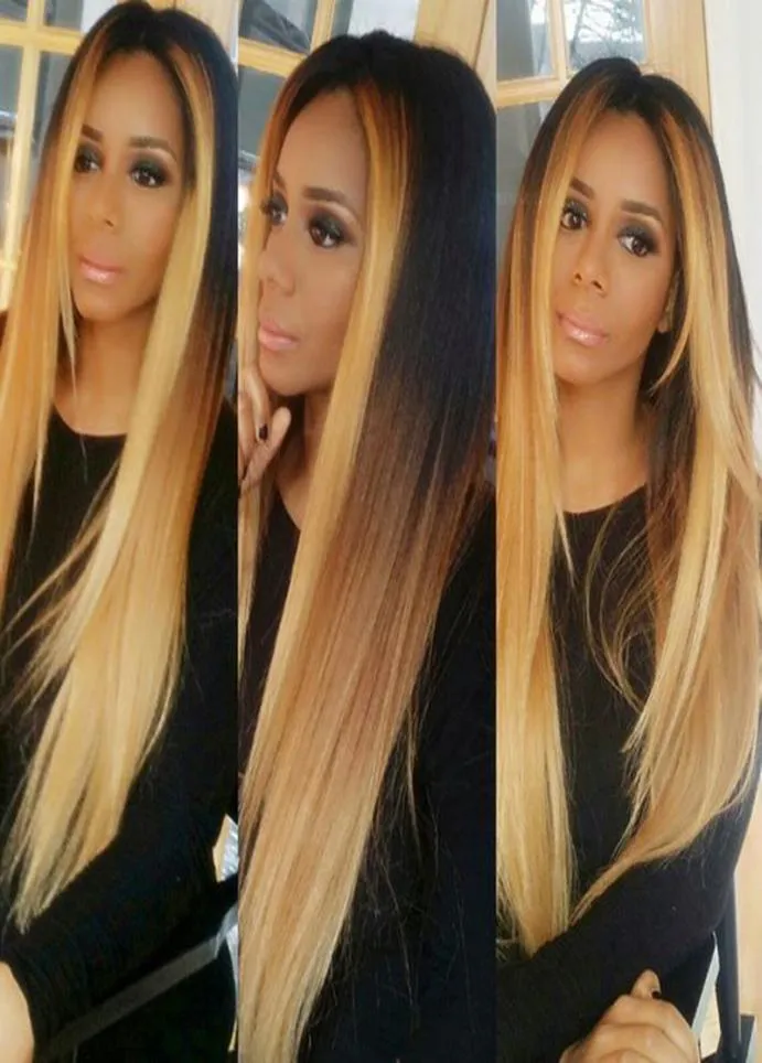 Ombre Blonde 1B27 wiązki z zamknięciem Brazylijskie proste Ombre Human Hair Weave 3 wiązki z 4x4 środkowej części zamykania koronki Exte7548331