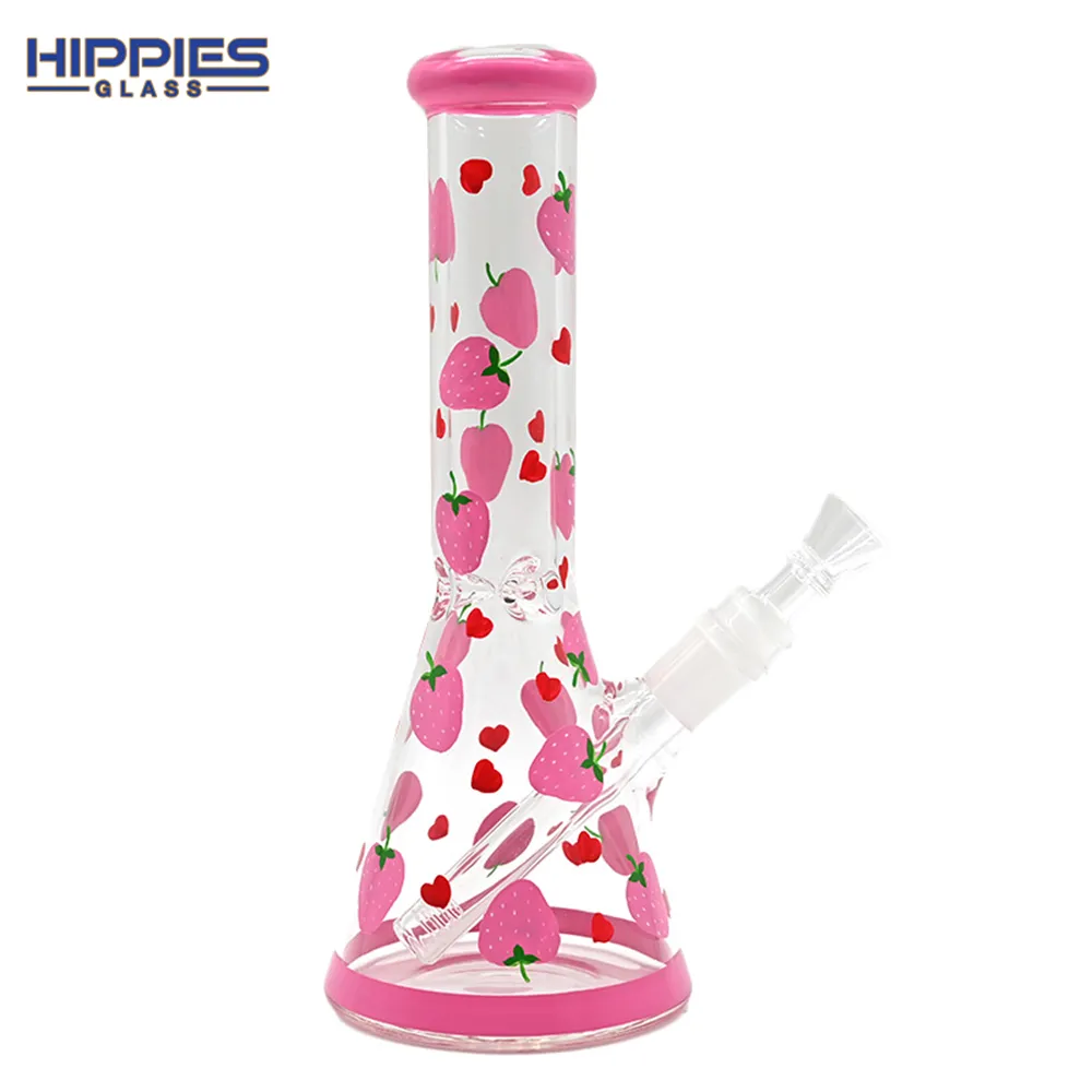 1 pièce, 9,8 pouces, ensemble de cigarettes à motif de fraise rose dessiné à la main, conduite d'eau en verre borosilicate, bang en verre, narguilé en verre, artisanat fait à la main, accessoires pour fumeurs