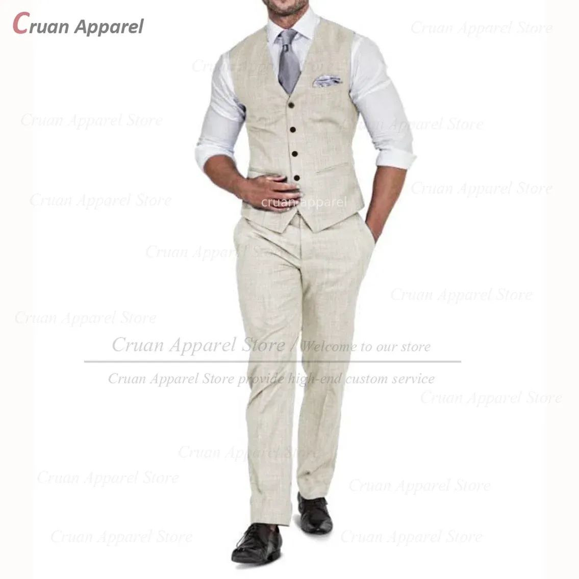 Pakken Linnen Pakken voor Mannen 2-delig Casual Beige Vest Broek Set 2023 Zomer Strand Klassiek Beddengoed Smoking voor Bruidegom Bruidsjonkers Beste Man