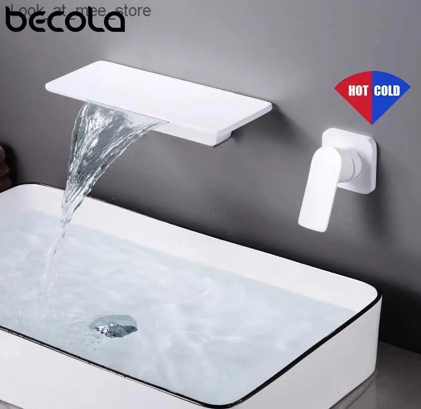 Bathroom Sink Faucets BECOLA Modern Wall-Mount Mixer Tap Sink Faucet Mixer Waterfall Bath With Large Shelf Platform Matte Black White Basin Faucets Q240301