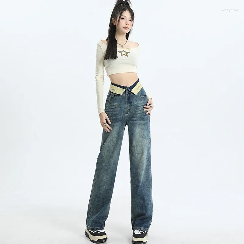 Jeans da donna stile americano retrò piccante ragazza tendenza pantaloni a gamba larga Mop vestibilità ampia design in vita con risvolto in denim con lungo