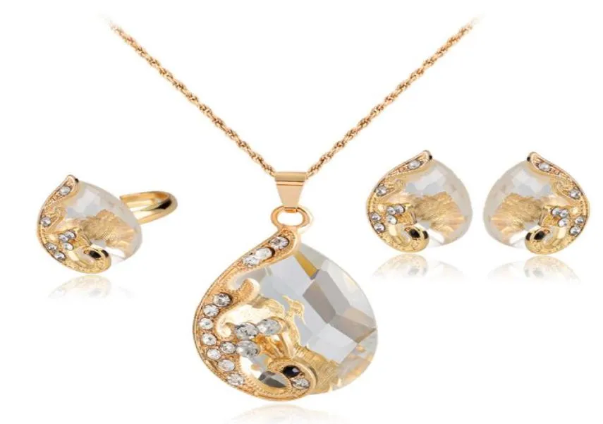 Banhado a ouro conjunto de jóias de noiva luxo strass gota de água pingente colar brincos anel cristal pavão conjunto de jóias 8737794