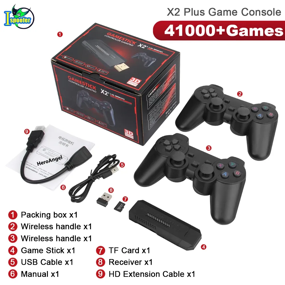 Consolas X2 Plus 4K HD Consola de juegos de TV retro Latencia ultrabaja TV Gamestick 2.4G Controlador de gamepads duales inalámbricos Consola de juegos 3D para el hogar