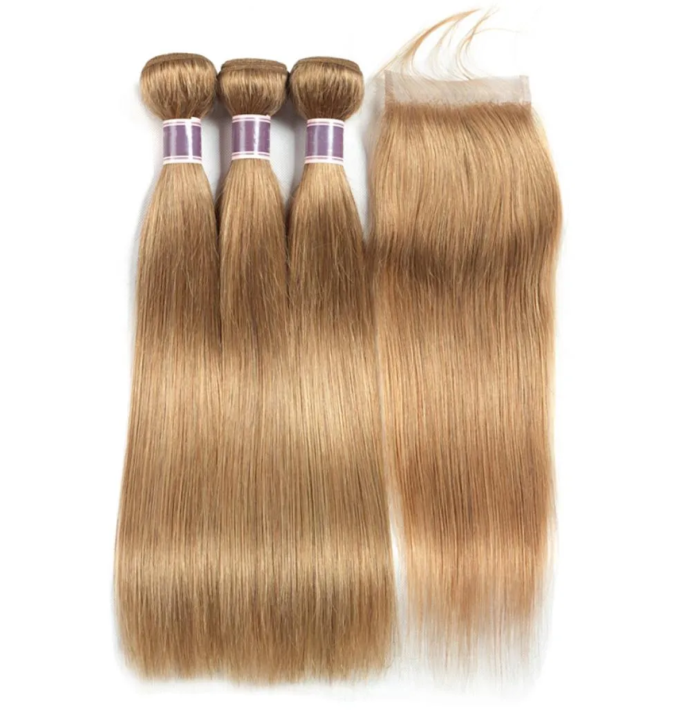 27 Honey Blonde Human Hair Bundles With Stängning av raka hårförlängningar Preolored Brasilian Virgin Hair 3 Bunds med 4x4 Lac3961908