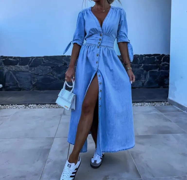 Denim Dress Women Fitted Ankle-Length V-Neck Sleeveless Summer Casual Party Dress from Dhgate Basic & Casual Dresses - price 33.17 Denim Dress Women Fitted Ankle-Length V-Neck Sleeveless Summer Casual Party Dress from Dhgate Basic & Casual Dresses - price 33.17
