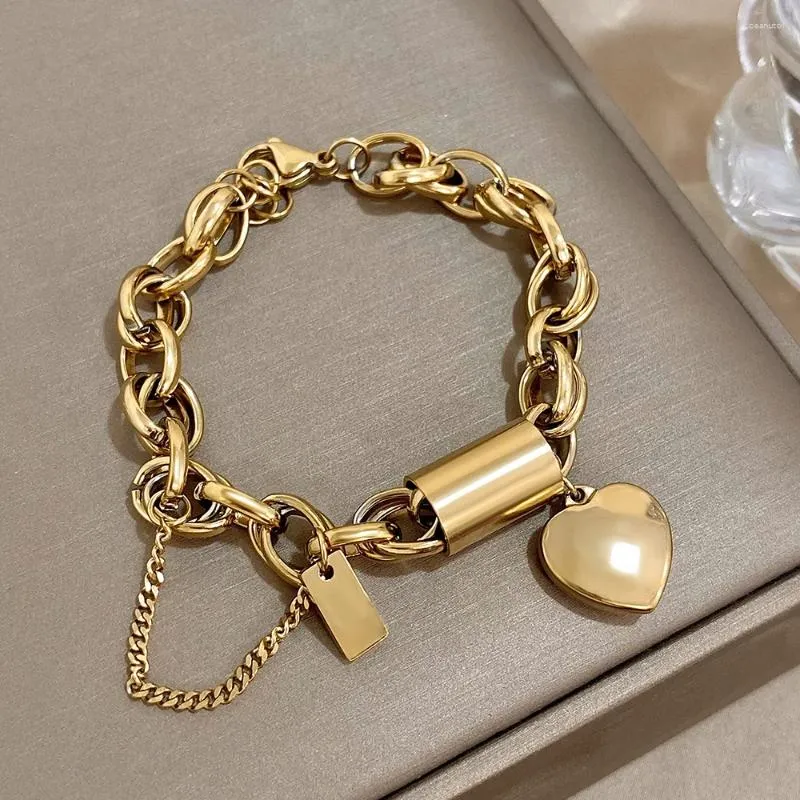 Braccialetti a maglie Bracciale con ciondoli in acciaio inossidabile con lucchetto a cuore Grossa catena placcata oro Amore Natale Regalo di San Valentino