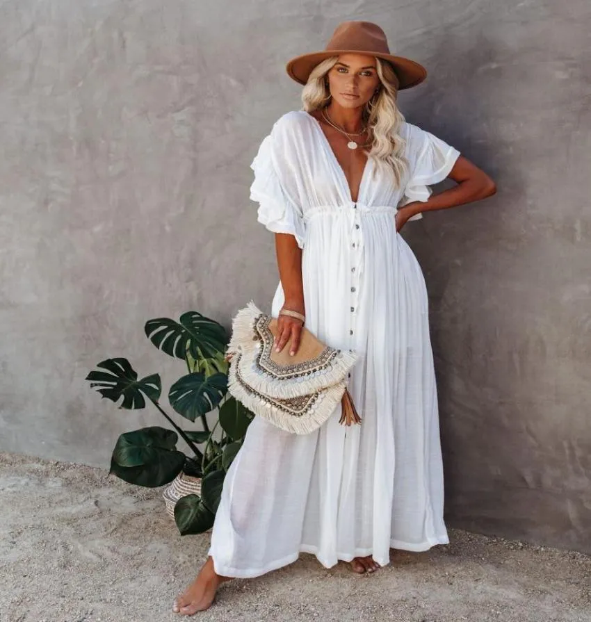 Sexy Coverups, langes weißes Tunika-Kleid, lässiges Sommer-Strandkleid für Damen, Übergröße, Strandkleidung, Cover-Up-Kleid, Damenbekleidung 2105213433825