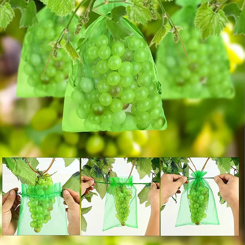 Fruit Protection Bags Green Netting Cover Bags Drawstring Mesh Fruit Protectors Pest Barrier for Mangoes Tomatoes Fruit Trees Veggies Garden