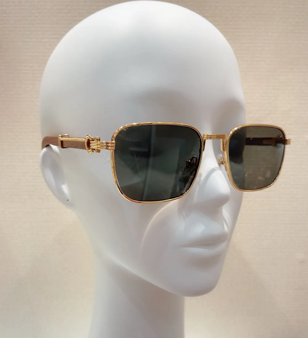 Vintage Squared Sunglasses Wood Gold Green Lenses Women Luxury Glasses Shades Occhiali da sole UV400 Eyewear