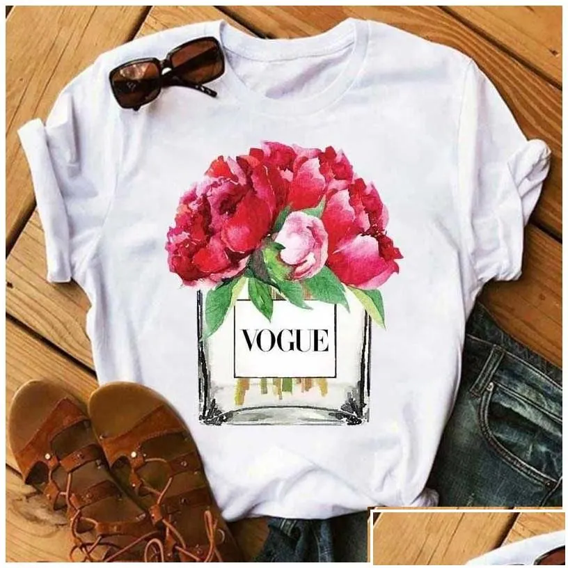 womens t-shirt women clothes print flower per bottle sweet short sleeve tshirt printed shirt t female top casual woman tee x0527 dr