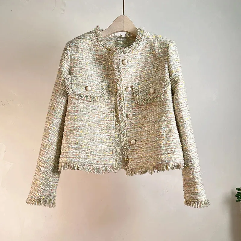 Pista pequena perfumada elegante colorido tweed jaqueta topos roupas femininas luxo de alta qualidade franja borda casaco feminino outwear 240226