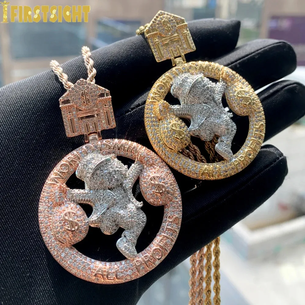 Hip Hop Letter All Profit World Is Mine Pendant Necklace Iced Out Bling 5A CZ Zircon Dollar Bag Charm Mens Rock Jewelry 240226