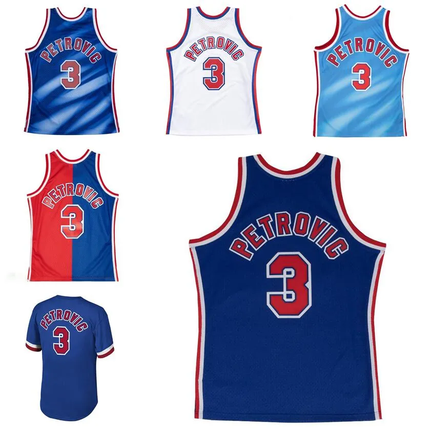 خياطة كرة السلة القميص Drazen Petrovic 1990-91 92-93 Mesh Hardwoods Classic Retro Jersey Men Women Youth S-6XL White Blue