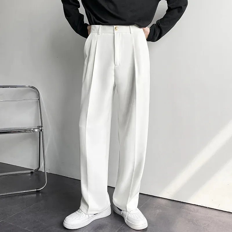 Draperade raka män byxor mode affär koreansk lös casual vit svart grå wideleg byxor manlig blazer kostym 240227
