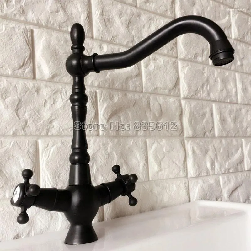 Rubinetti per lavandino del bagno Bronzo lucidato a olio Maniglie doppie a croce Rubinetto per lavabo da cucina Miscelatore con beccuccio girevole Montaggio su piattaforma Tnf381