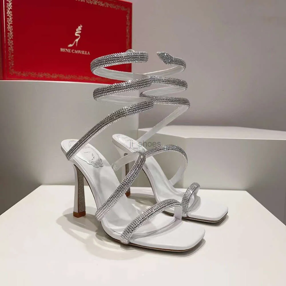 最高のRene Caovilla High Heel Sandals Fashion Crystal Decoration Snake Rappedankle Strap Women Luxury Designer Shoes Silver Open Toe Wedding Shoes