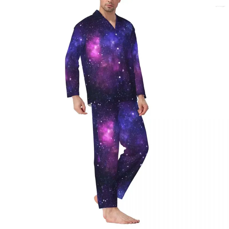 メンズスリープウェアパープルギャラクシーパジャマセット宇宙空間星雲星かわいい柔らかい男性の長袖ホーム2ピースナイトウェアプラスサイズ