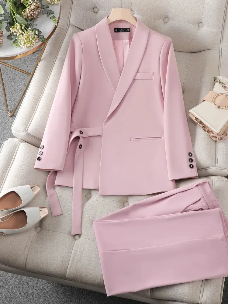 Conjuntos de terno casual para mulheres senhora do escritório roupas rendas jaqueta festa feminino blazer calça conjunto 2 peça rosa preto ropa de mujer 240226