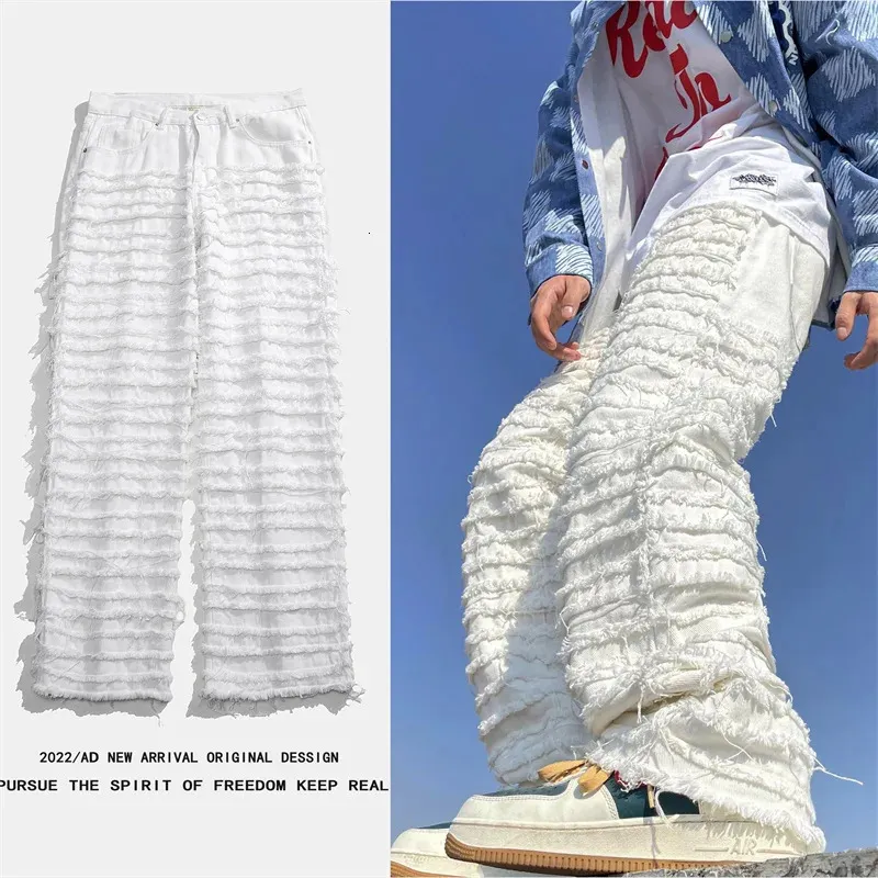 American Street Hip-hop Heavy Industry Ripped Mens Jeans Spring Straight Loose Vibe Style Skateboard White Flared Pants 240228