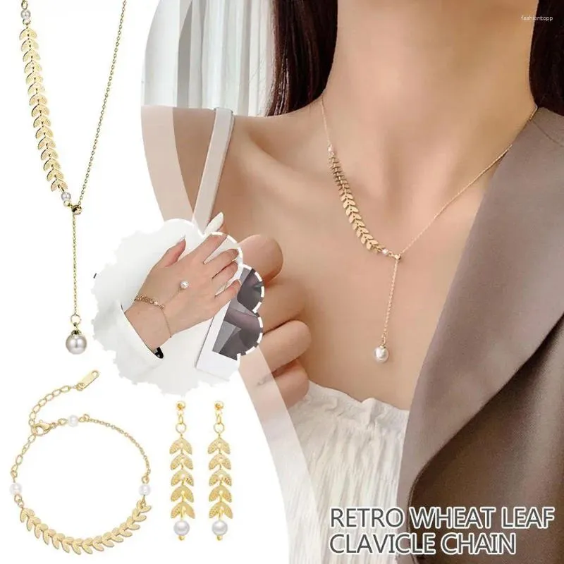 Pendant Necklaces 2024 3pcs Set Retro Autumn Wheat Leaf Clavicle Women's Jewelry Sexy Accessories Chain Korean Party Necklace Sling Fashi