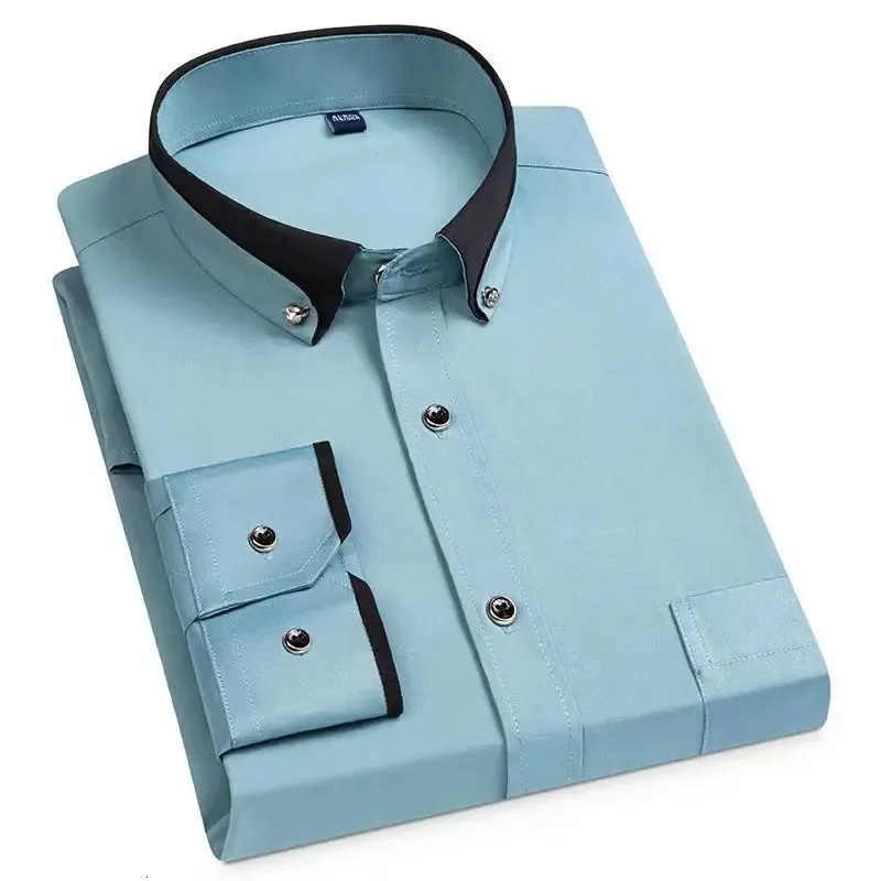 Hommes d'affaires robe chemise printemps automne chemise à manches longues bouton col rabattu conception de poche Anti-rides surdimensionné S-5XL 240228