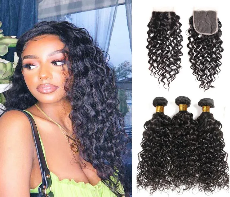 Indian Water Wave Bundles With Closure Wet and Wavy Curly 12A Human Hair Bundles7706050