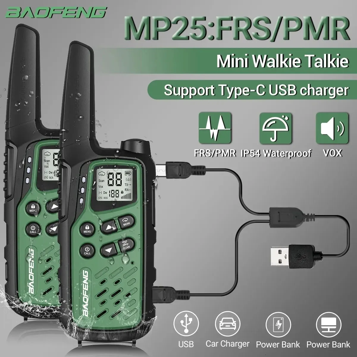 Paquete de 2 Baofeng MP25 PMR446FRS Mini walkie talkie de carga tipo C recargable de largo alcance con pantalla LCD Linterna Radio bidireccional 240229