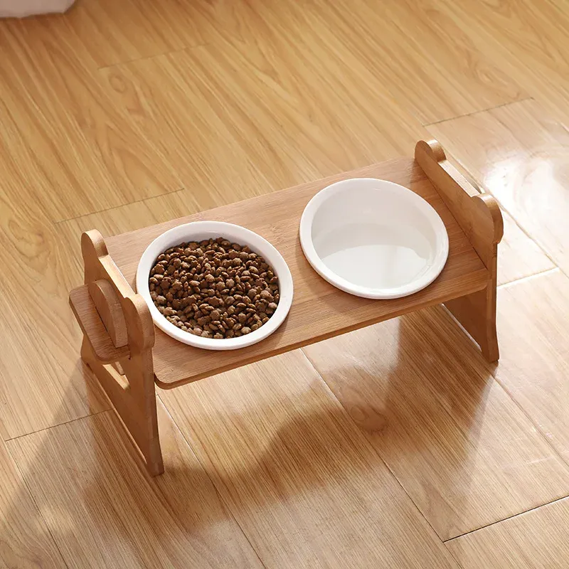 Suprimentos para animais de estimação, tigela dupla, comida para cães e gatos, alimentador de água, prato de cerâmica elevado, mesa de madeira, suprimentos para animais de estimação