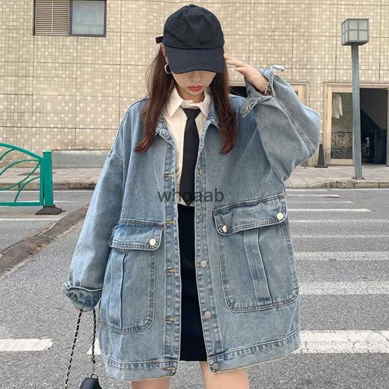 Women's Jackets Jackets Plus Size Jean Spring Fashion Lapel Long Sleeve Korean Denim Woman Big Pocket Coat 240301