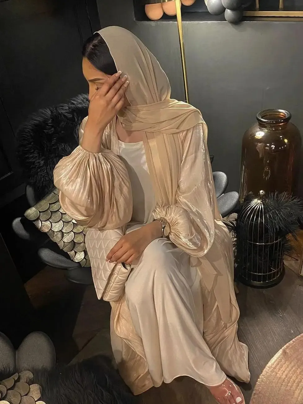 Eid djellaba abaya dubai glänsande mjuka manschettärmar muslimsk klänning silkeslen kimono dubai kalkon muslimsk klänning islam abayas med bälte wy56 240222