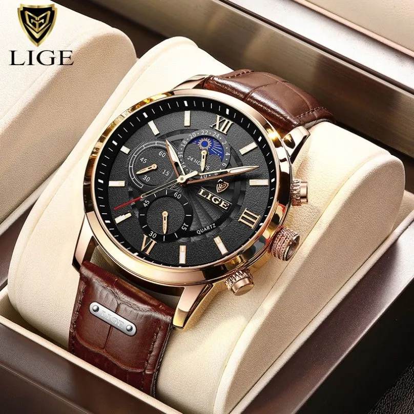 2021 LIGE Relojes para hombre Top Brand Reloj de lujo Casual Leathe 24 horas Fase lunar Reloj para hombres Deporte Impermeable Cuarzo Cronógrafo Caja uh234k