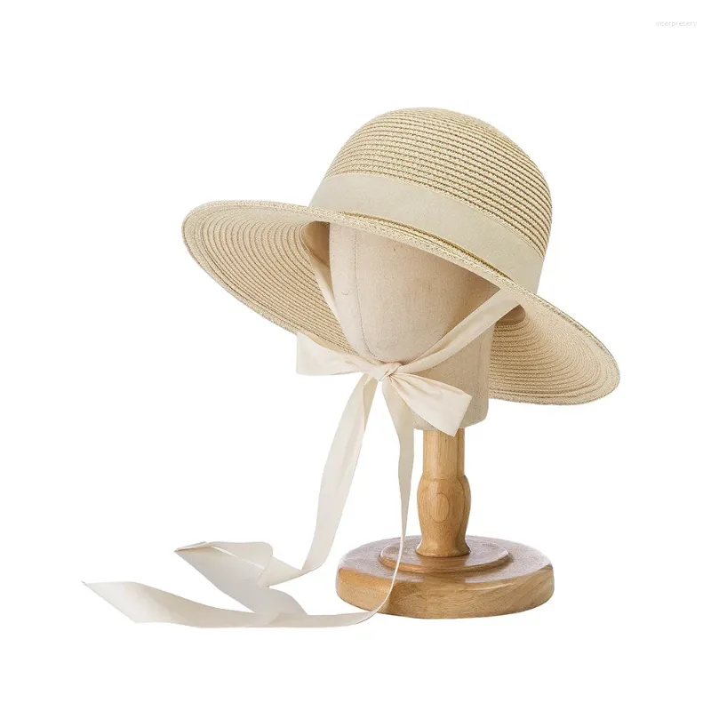 Wide Brim Hats Spring And Summer Round Top Eaf Children's Sunshade Straw Hat Outdoor Tourism Holiday Sunscreen With Strap