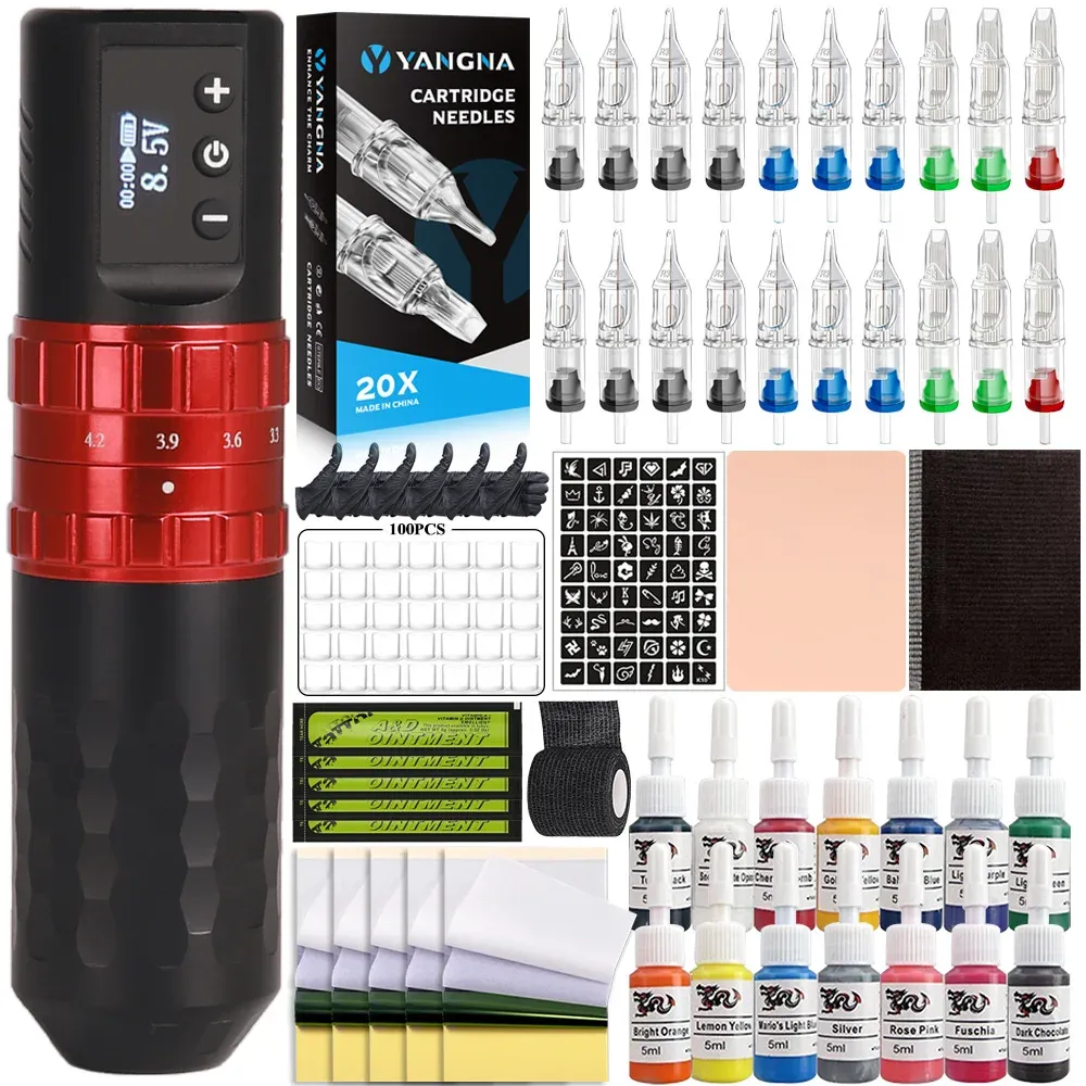 Guns YNAGNA Wireless Tattoo Machine Pen Kit mit tragbarem Power Coreless Motor 20PCS gemischte Tattoo-Patrone Nadel Tattoo Supply