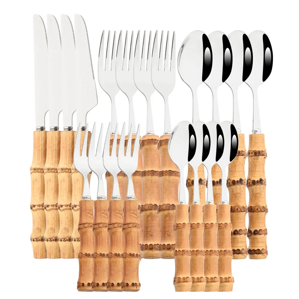 Установки Drmfiy 20pcs Natural Bambool Handling Silverware Shetware Набор столовых столовых приборов из нержавеющей стали кухонные ножи вилки ложе