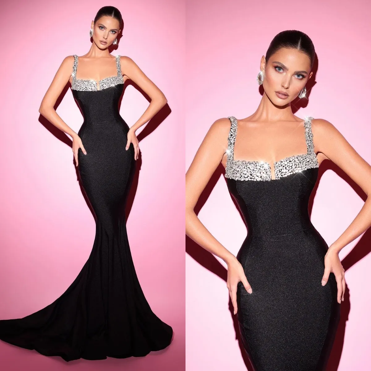 Sexy Black Mermaid Prom Dress Beads Spaghetti Formal Evening Gowns Elegant Pleats Party Dresses For Special Ocns Promdress