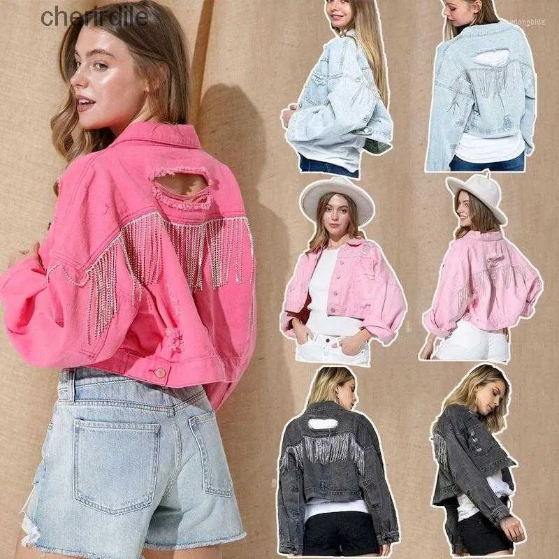 Chaquetas de mujer Chaquetas Denim Casual Jean Coat Mujeres 2023 Otoño Invierno High Street Rhinestone Abrigos con flecos Mujer 240301