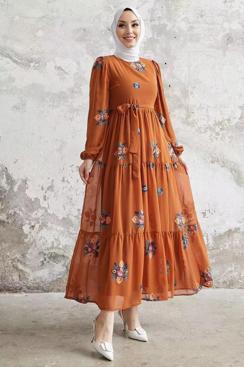 Ropa étnica Medio Oriente Musulmán Floral Abaya Vestido para mujeres Elegante Árabe Femme Sólido Manga larga Abayas Islam Turquía Vestidos