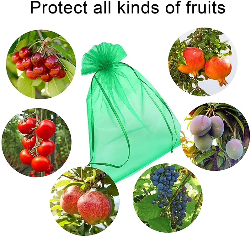 Fruit Protection Bags Green Netting Cover Bags Drawstring Mesh Fruit Protectors Pest Barrier for Mangoes Tomatoes Fruit Trees Veggies Garden