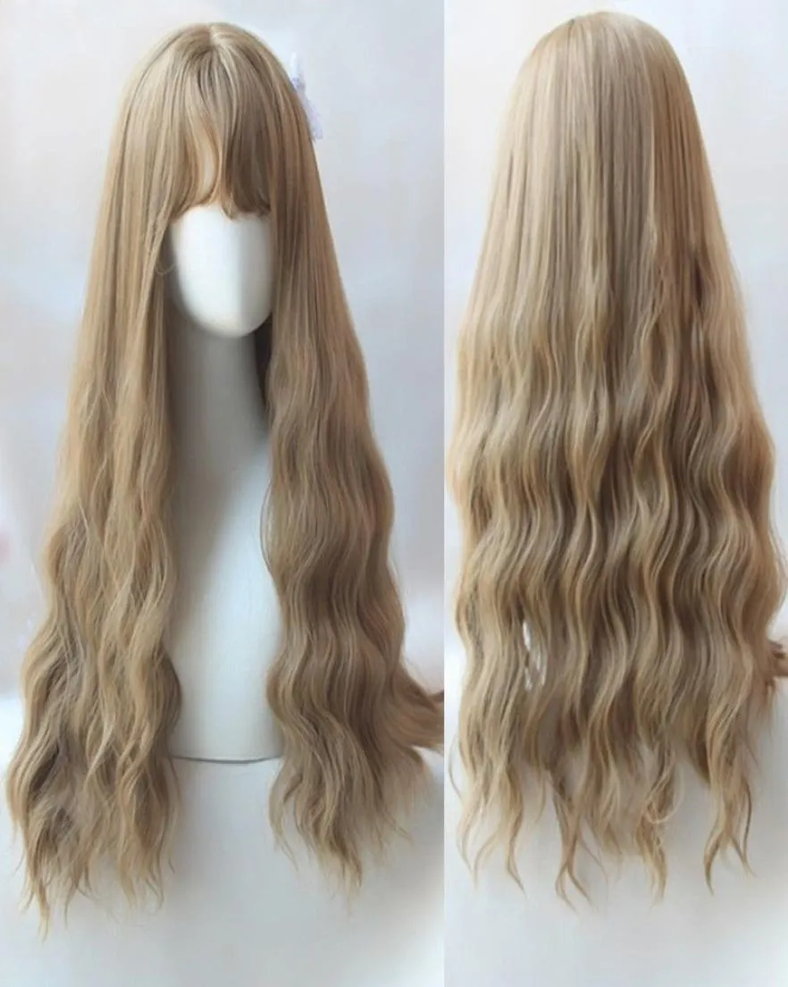 Lange maïs golvende krullende volledige pruik dames lichtblond anime haar cosplay kostuum5377587