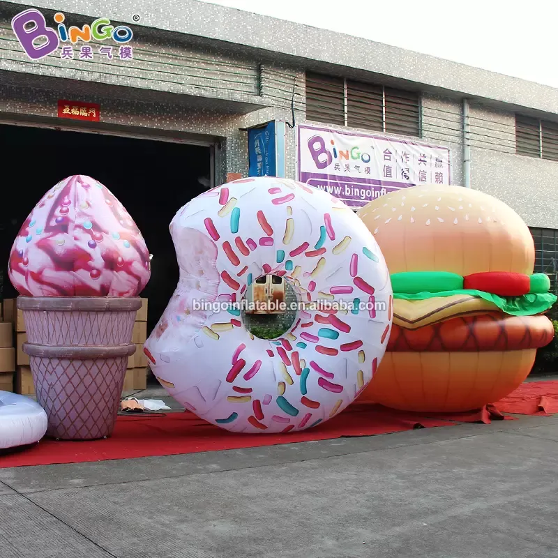 Hurtowe nowo projektowe wydarzenie reklamowe Modele nadmuchiwane ciasto Hamburger Donut balony symulacyjne modele żywności dla dekoracji na świeżym powietrzu sport