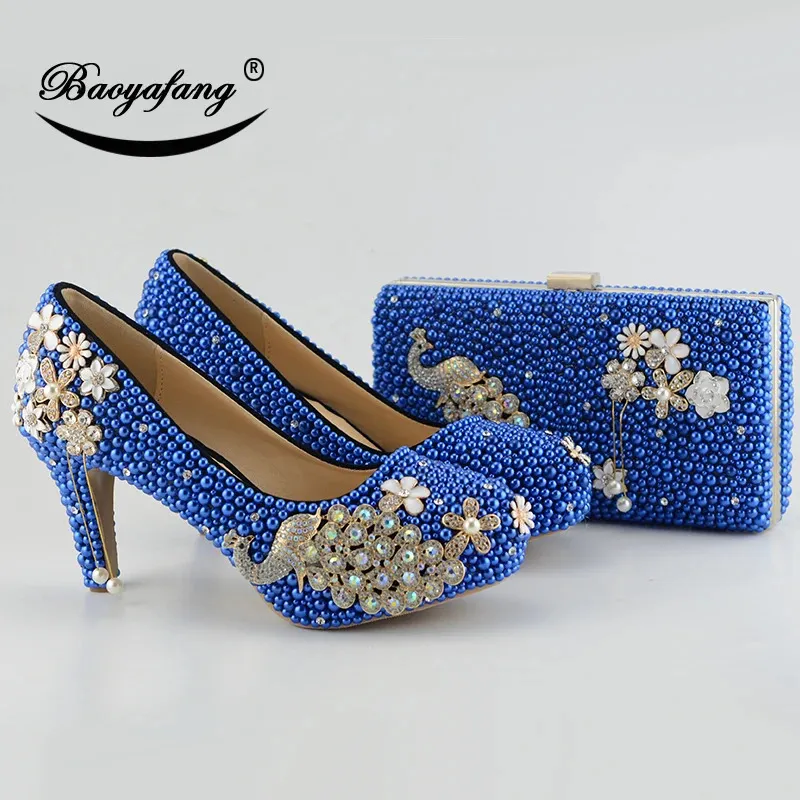 arrival Peacock Royal Blue pearl diamonds shoes Womans Party/Wedding Pumps High shoes Fashion rhinestone Bride shoes women 240227