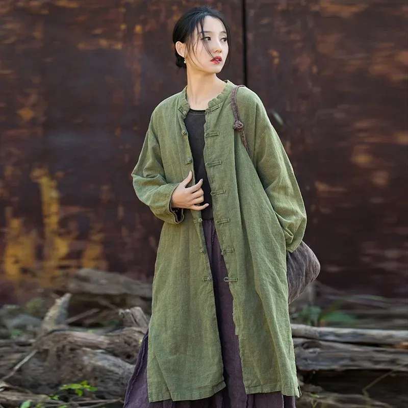 Trench Johnature Women Vintage Ramie Trench Stand långärmad fast färgknapp Autumn Coats 2023 Ny Loose Chinese Style Women Trench