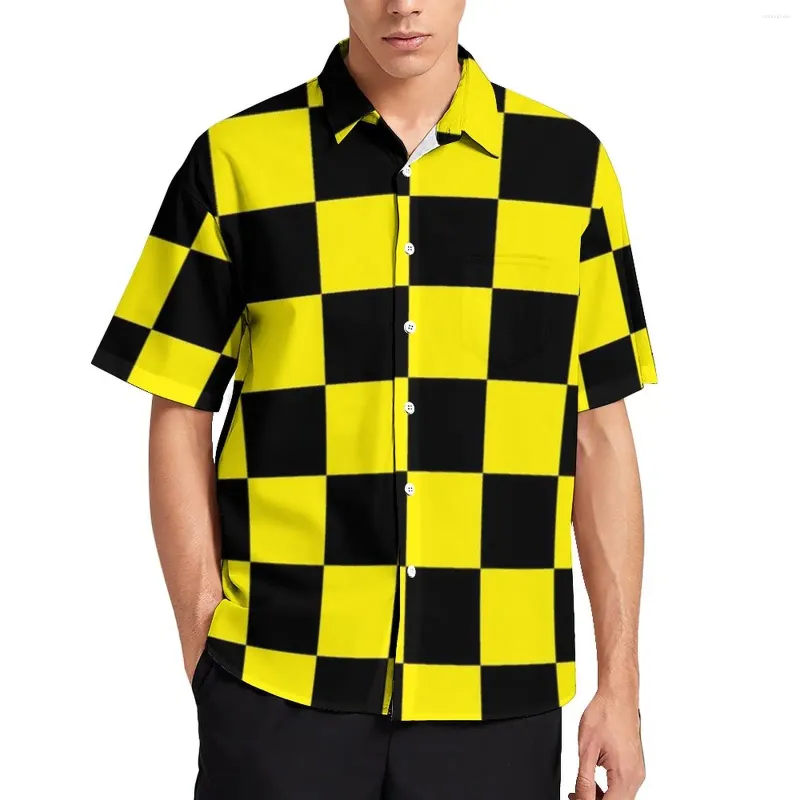 Men's Casual Shirts Two Tone Black And Yellow Vacation Shirt Mod Checkers Hawaii Funny Blouses Short Sleeve Graphic Tops Large Size