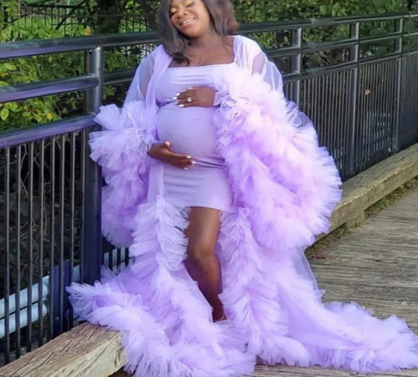 Chic Purple Illusion Maternity Tulle Po Shoot Robe Cheap Pregnant Woman Tiered Ruffles Dress Bridal Party Birthday Gowns2276587