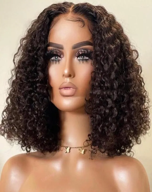 360 150 Kort bob lockiga mänskliga hår peruker för svarta kvinnor brasilianska remy 13x1 t del vatten djup våg spets frontal peruk med baby hai2310280