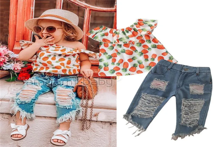 2PCS Baby Girls Toddler Pineapple Clothes Kids Off Shoulder Tops Ripped Denim Shorts Outfits Set A8238480322