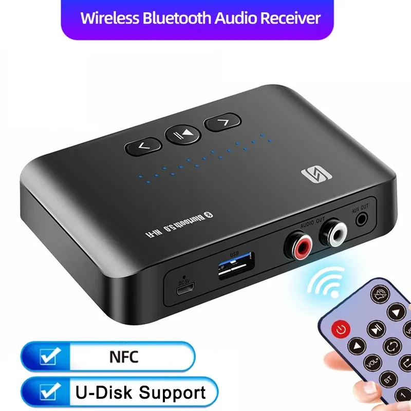 Högtalare Bluetooth 5.0 Mottagare U DISK NFC 3,5mm Aux Jack Stereo Music Audio Wireless Adapter Remote Control för bilhögförstärkare