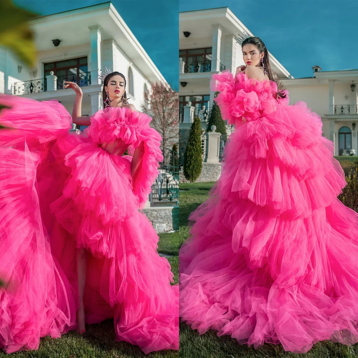 Schouder charmante een prom -jurk gezwollen ruches gelaagde tule formele avondjurken fotografie robe de soiree