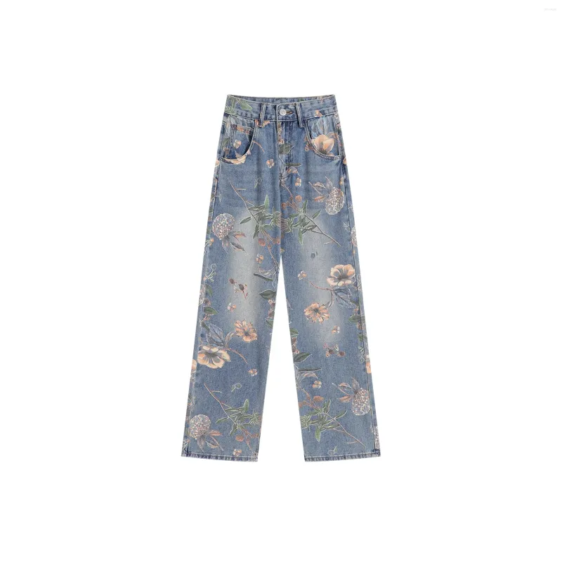 Damenjeans Koreanische Version Frauen Baggy Y2k Blumendruck StreetwearCowboyhose Hohe Taille Weites Bein Blaue Denimhose Modekleidung